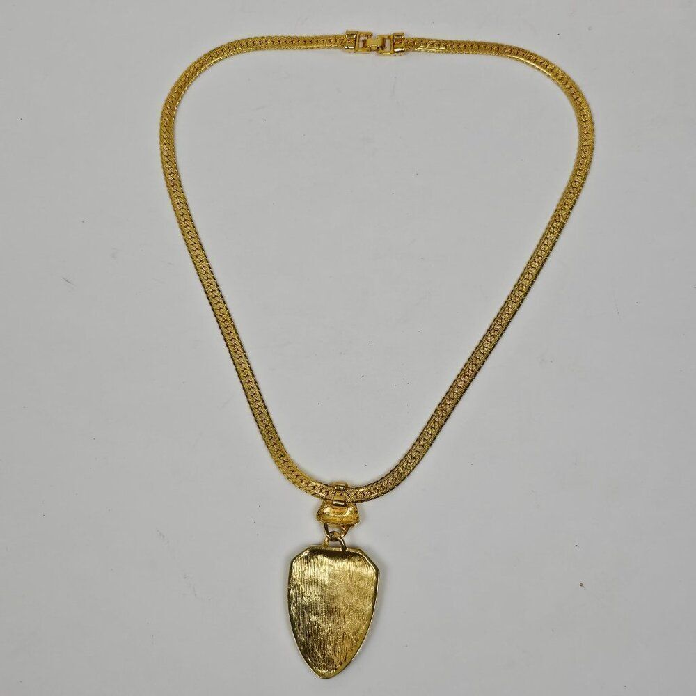 Vintage Black Red Enamel Fixed Pendant Necklace Gold Tone Chain 80s 90s Chunky - Picture 4 of 11